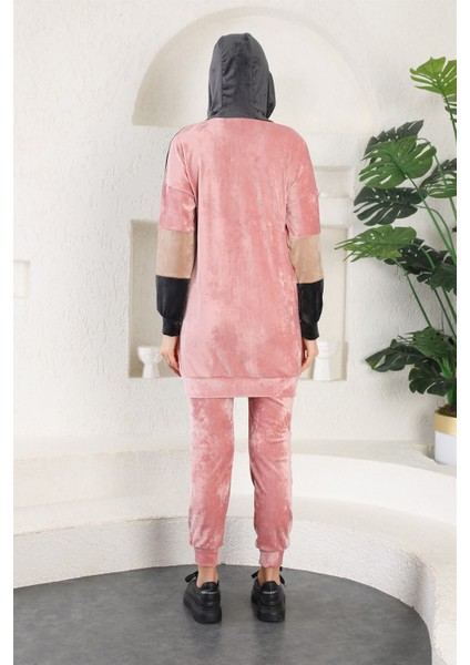 Fransız Kadife Peluş Nakış Baskılı Kadın Eşofman Takımı - Pudra fiyatları