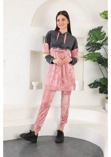 Fransız Kadife Peluş Nakış Baskılı Kadın Eşofman Takımı - Pudra modelleri