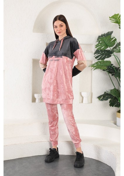 Fransız Kadife Peluş Nakış Baskılı Kadın Eşofman Takımı - Pudra fırsatları