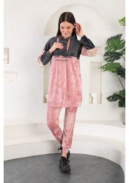 Fransız Kadife Peluş Nakış Baskılı Kadın Eşofman Takımı - Pudra indirimleri