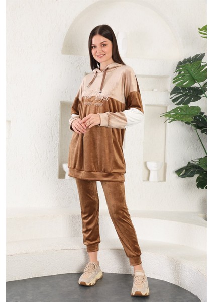 Fransız Kadife Peluş Kadın Eşofman Takımı -Kahve Renk