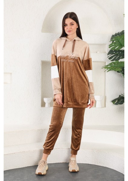 Fransız Kadife Peluş Kadın Eşofman Takımı -Kahve Renk modelleri