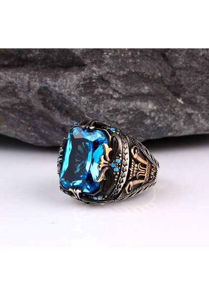 Blue Topaz Taşlı Erkek Gümüş Yüzük