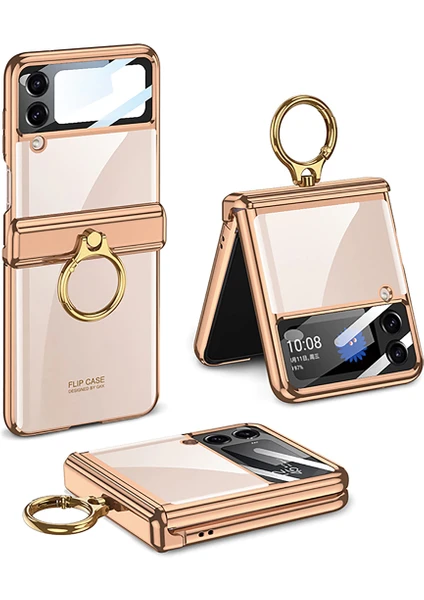 Galaxy Z Flip 4 Kılıf Kamera Lens Korumalı Yüzüklü Metal Görünümlü Katlanabilir Ringfold Case