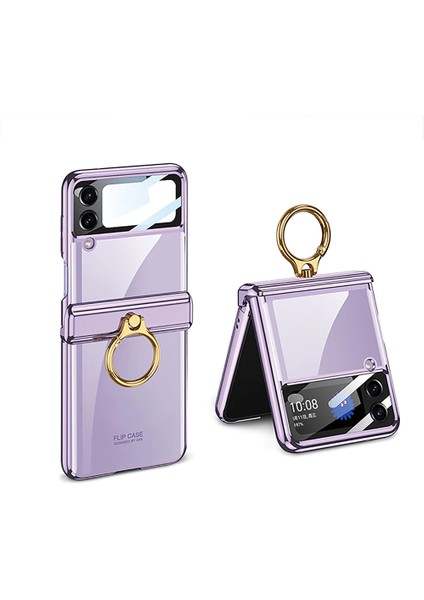 Galaxy Z Flip 4 Kılıf Kamera Lens Korumalı Yüzüklü Metal Görünümlü Katlanabilir Ringfold Case