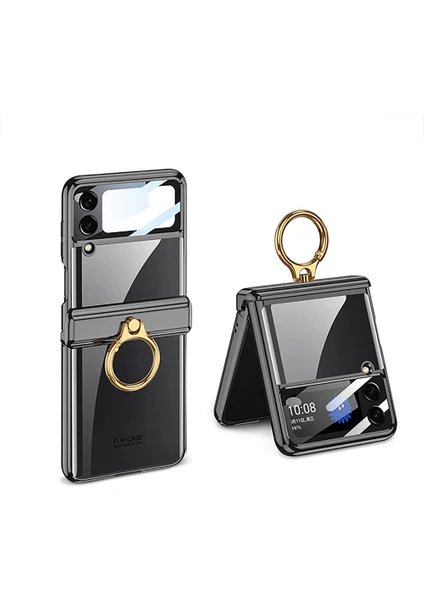 Galaxy Z Flip 4 Kılıf Kamera Lens Korumalı Yüzüklü Metal Görünümlü Katlanabilir Ringfold Case