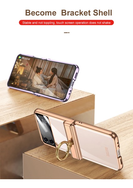 Galaxy Z Flip 4 Kılıf Kamera Lens Korumalı Yüzüklü Metal Görünümlü Katlanabilir Ringfold Case