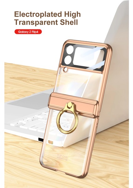 Galaxy Z Flip 4 Kılıf Kamera Lens Korumalı Yüzüklü Metal Görünümlü Katlanabilir Ringfold Case