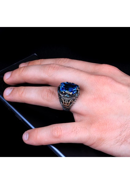 Blue Topaz Taşlı Erkek Gümüş Yüzük