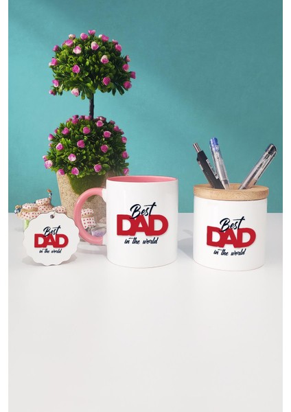 Best Dad In The World Babaya Hediye Pembe Kupa Bardak Kalemlik Anahtarlık