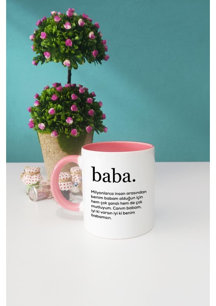 Baba Babalar Günü Hediyesi Pembe Kupa Bardak Kalemlik Anahtarlık
