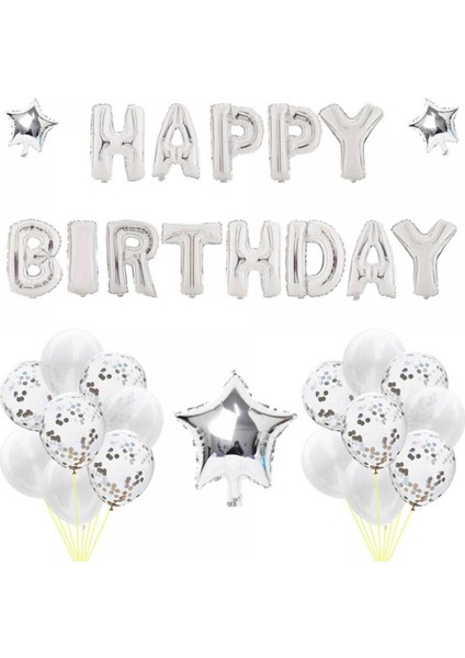 Happy Bırtday Gümüş Konfetili Balon Seti