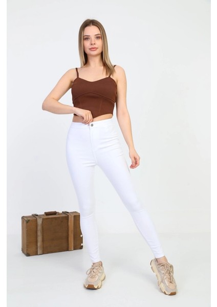 Gabardin Kumaş Yüksek Bel Pantolon (Beyaz)