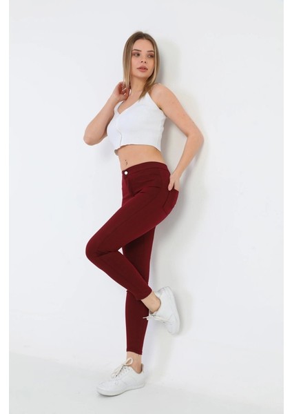 Gabardin Kumaş Yüksek Bel Pantolon (Bordo)