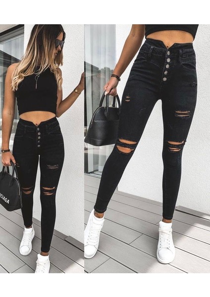 Yüksek Bel 5 Düğme ve Yırtık Detaylı Kot Pantolon Jean