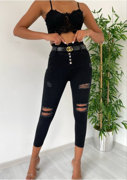 Yüksek Bel 5 Düğme ve Yırtık Detaylı Kot Pantolon Jean modelleri