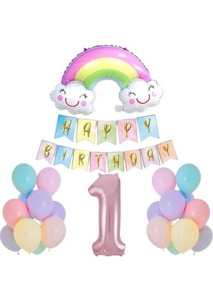 1 Yaş Gülen Gökkuşağı Pembe Rakam Folyo Balon Set