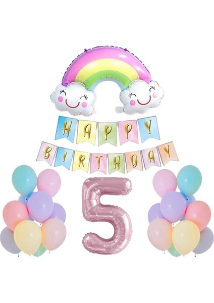 5 Yaş Gülen Gökkuşağı Pembe Rakam Folyo Balon Set
