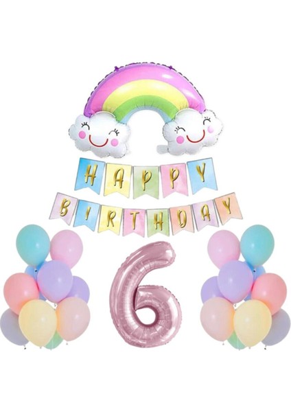 6 Yaş Gülen Gökkuşağı Pembe Rakam Folyo Balon Set