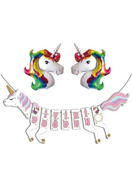 Unicorn Şekilli Iyi Ki Doğdun Gökkuşağı Folyo Balon Set