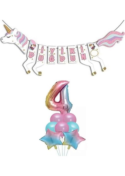 Unicorn Doğum Günü Seti Rakam Folyo Gökkuşağı 4 Yaş
