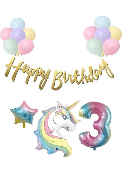 Unicorn Balonlu Kaligrafi Happy Bırthday 3 Yaş Balon Set