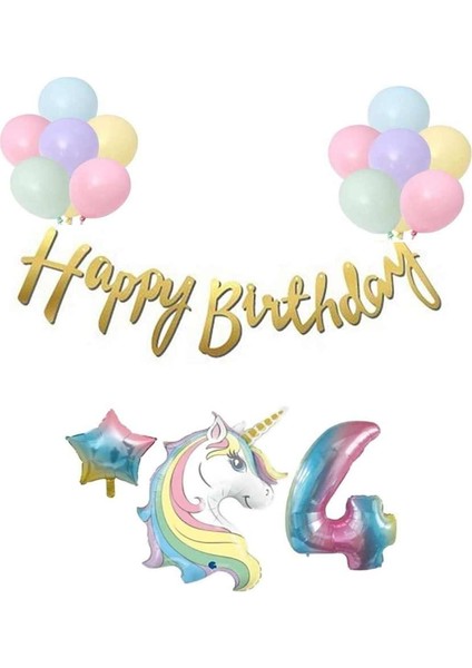 Unicorn Balonlu Kaligrafi Happy Bırthday 4 Yaş Balon Set