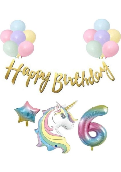 Unicorn Balonlu Kaligrafi Happy Bırthday 6 Yaş Balon Set