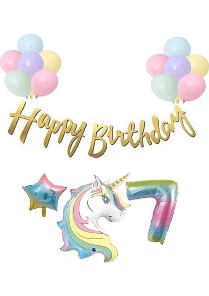 Unicorn Balonlu Kaligrafi Happy Bırthday 7 Yaş Balon Set