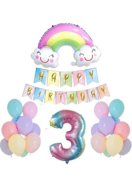 3 Yaş Gülen Gökkuşağı Rakam Folyo Balon Set
