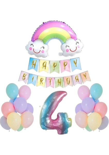 4 Yaş Gülen Gökkuşağı Rakam Folyo Balon Set