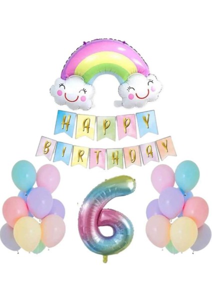 6 Yaş Gülen Gökkuşağı Rakam Folyo Balon Set