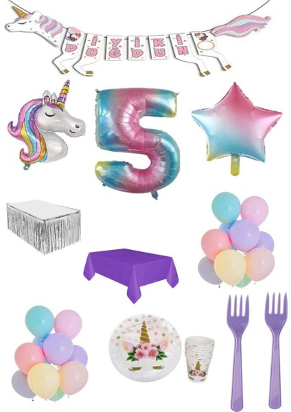 Unicorn Temalı Doğum Günü Parti Seti 5 Yaş