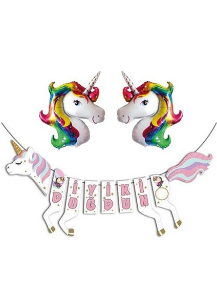 Unicorn Şekilli Iyi Ki Doğdun Gökkuşağı Folyo Balon Set