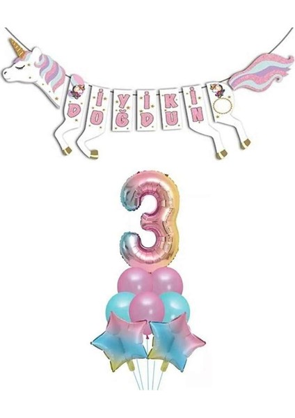 Unicorn Doğum Günü Seti Rakam Folyo Gökkuşağı 3 Yaş