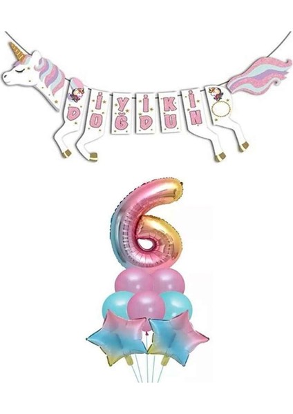 Unicorn Doğum Günü Seti Rakam Folyo Gökkuşağı 6 Yaş
