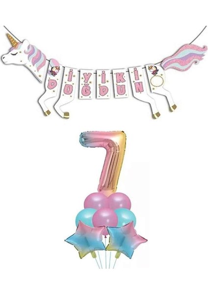 Unicorn Doğum Günü Seti Rakam Folyo Gökkuşağı 7 Yaş