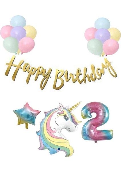 Unicorn Balonlu Kaligrafi Happy Bırthday 2 Yaş Balon Set
