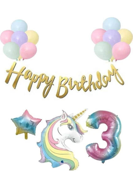 Unicorn Balonlu Kaligrafi Happy Bırthday 3 Yaş Balon Set