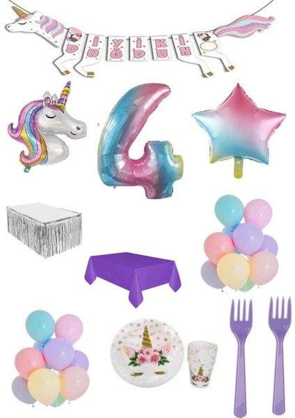 Unicorn Temalı Doğum Günü Parti Seti 4 Yaş