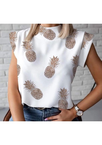 Ananas Baskılı Scuba Puf Kumaş Bluz