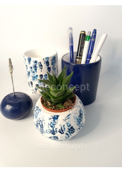 Masaüstü Silindir Beton 2'li Kalemlik, Notluk, Saksı ve Sukulent/kaktüs Seti Lacivert