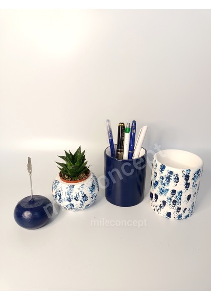 Masaüstü Silindir Beton 2'li Kalemlik, Notluk, Saksı ve Sukulent/kaktüs Seti Lacivert fiyatları