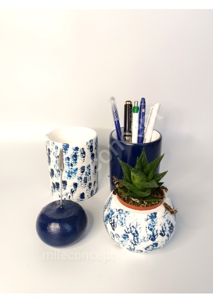 Masaüstü Silindir Beton 2'li Kalemlik, Notluk, Saksı ve Sukulent/kaktüs Seti Lacivert modelleri