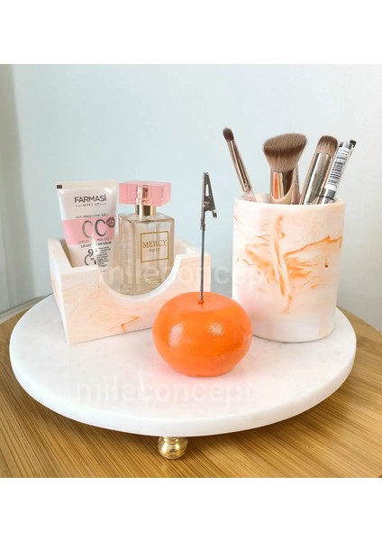 Masaüstü Ofis Seti; Beton Silindir Kalemlik, Bloknotluk ve Notluk Turuncu Mermer Desenli