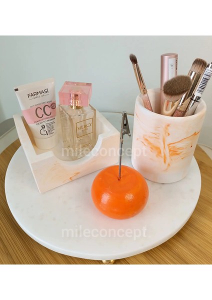 Masaüstü Ofis Seti; Beton Silindir Kalemlik, Bloknotluk ve Notluk Turuncu Mermer Desenli fiyatları