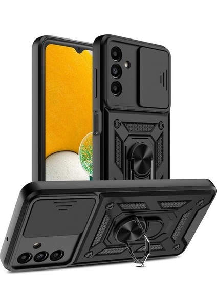 Samsung Galaxy A04s Uyumlu Kılıf Stand Olabilen Yüzüklü Sürgülü Vega Arka Kapak Siyah