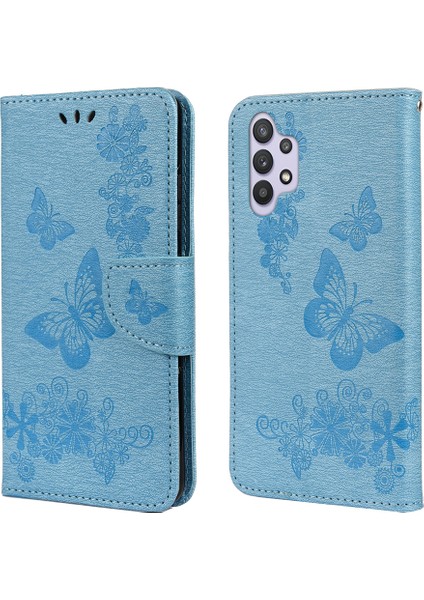 Kelebekler Çiçek Desen Tasarımı Deri Deri Cüzdan Stand Samsung Galaxy A32 4g Eu Versiyonu (Yurt Dışından)