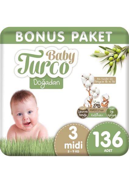 Baby Turco Doğadan Bonus Bebek Bezi 3 Numara Midi 136 Adet