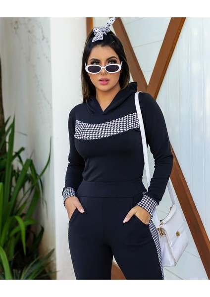 Kadın Uzun Kol Kapüşonlu Ekose Detaylı İki İplik Kumaş Alt Üst İkili Eşofman Takımı fiyatları